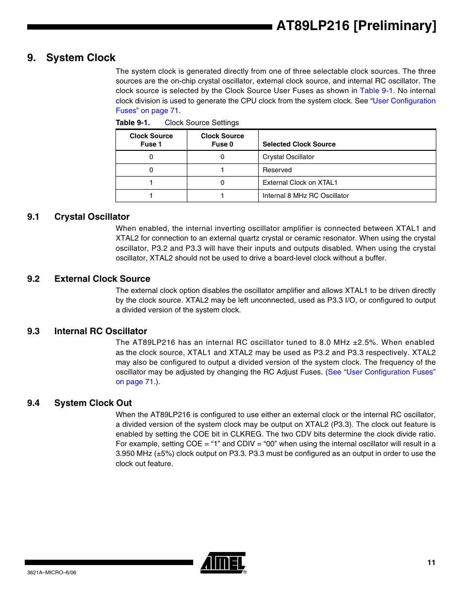 System clock, 1 crystal oscillator, 2 external clock source | 3 internal rc oscillator, 4 system clock out | Rainbow Electronics AT89LP216 User Manual | Page 11 / 90