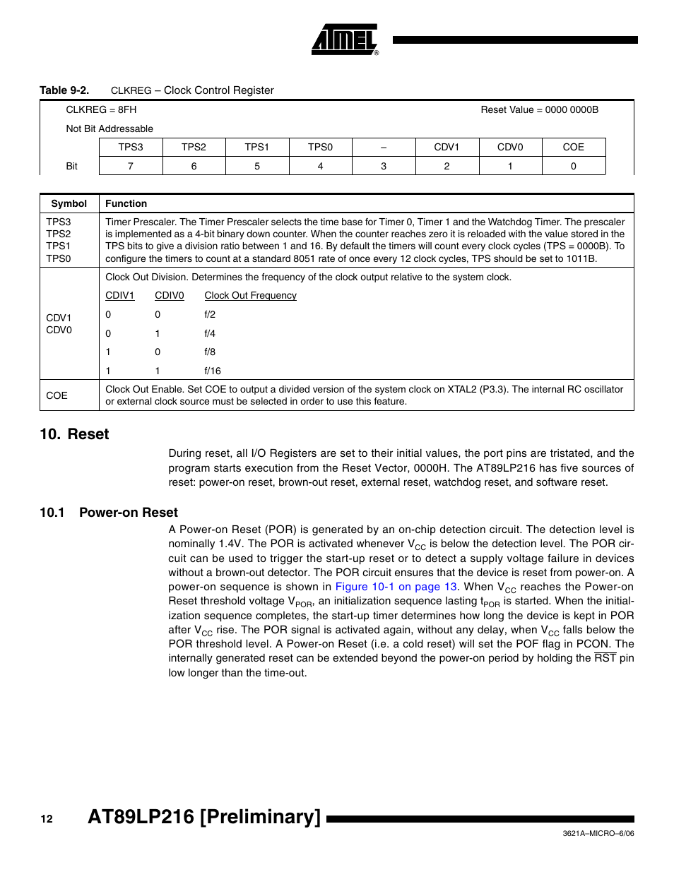 Reset, 1 power-on reset | Rainbow Electronics AT89LP216 User Manual | Page 12 / 90