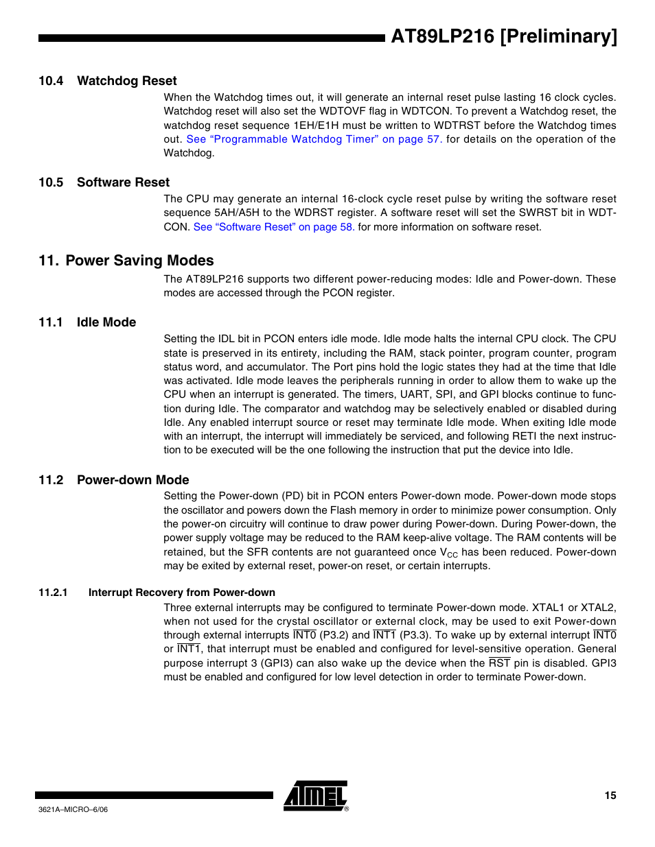 4 watchdog reset, 5 software reset, Power saving modes | 1 idle mode, 2 power-down mode | Rainbow Electronics AT89LP216 User Manual | Page 15 / 90