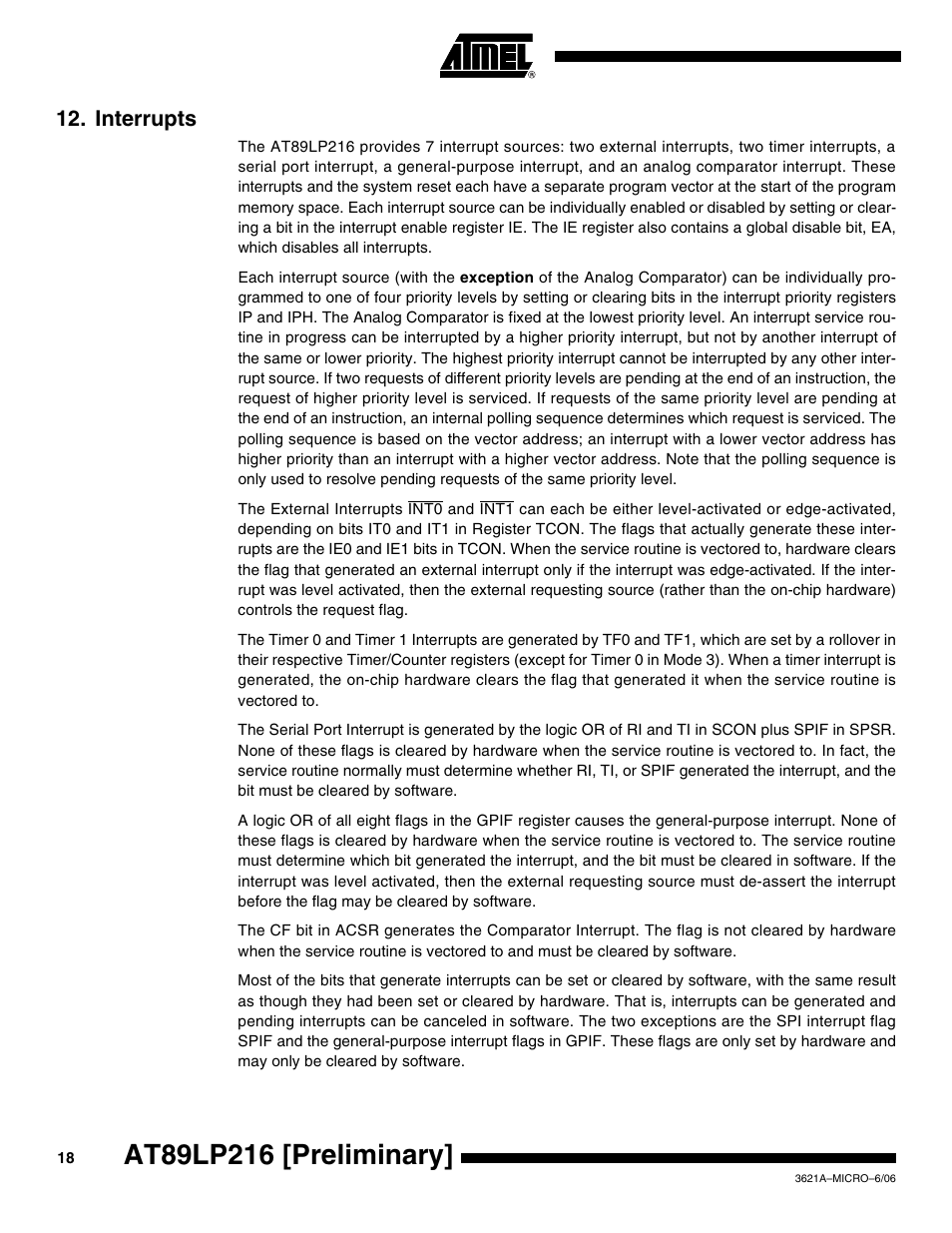 Interrupts | Rainbow Electronics AT89LP216 User Manual | Page 18 / 90