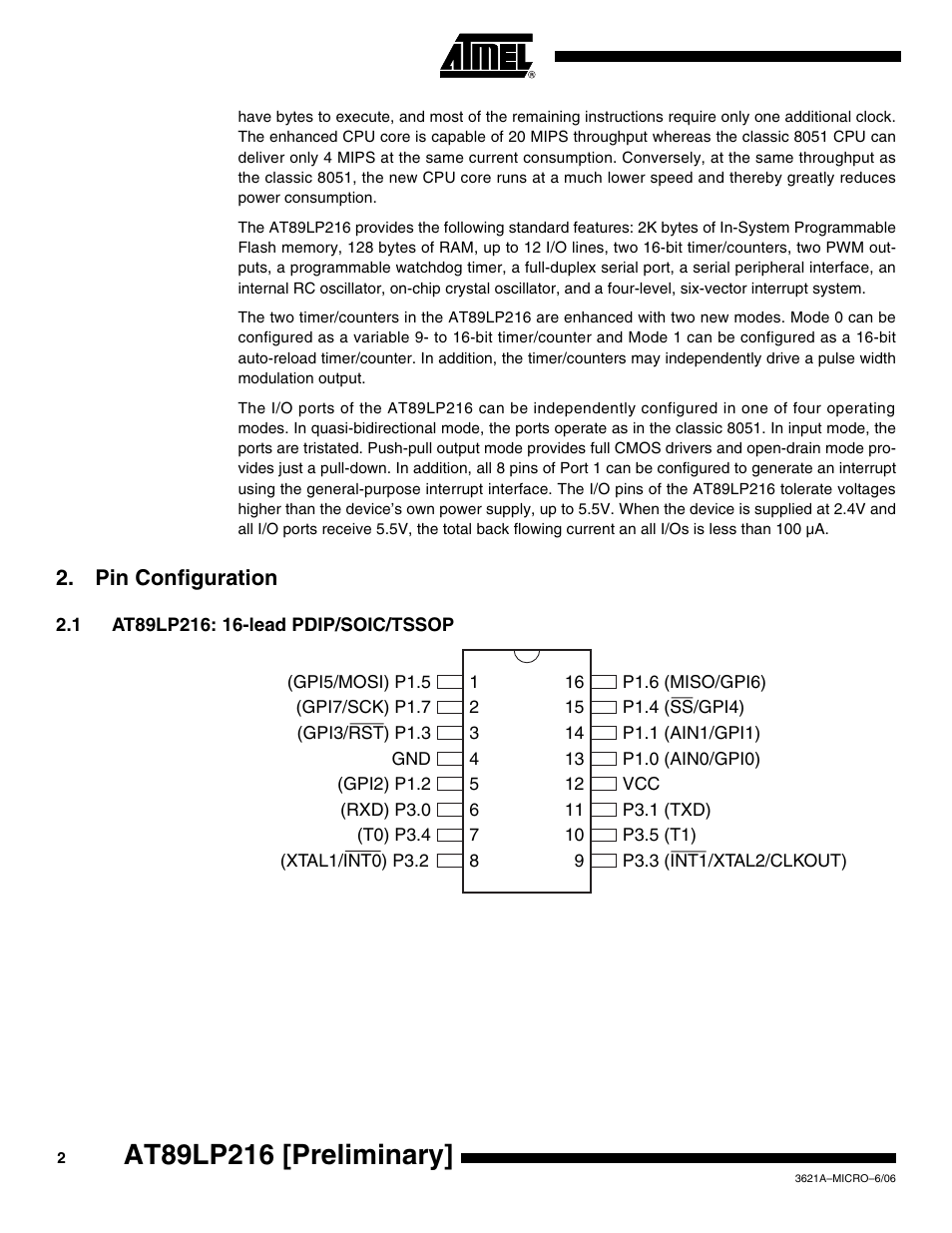 Pin configuration, 1 at89lp216: 16-lead pdip/soic/tssop | Rainbow Electronics AT89LP216 User Manual | Page 2 / 90