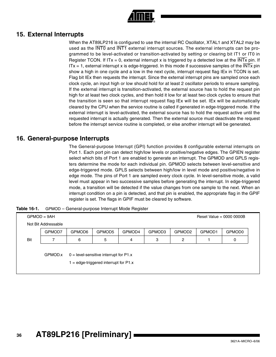 External interrupts, General-purpose interrupts | Rainbow Electronics AT89LP216 User Manual | Page 36 / 90