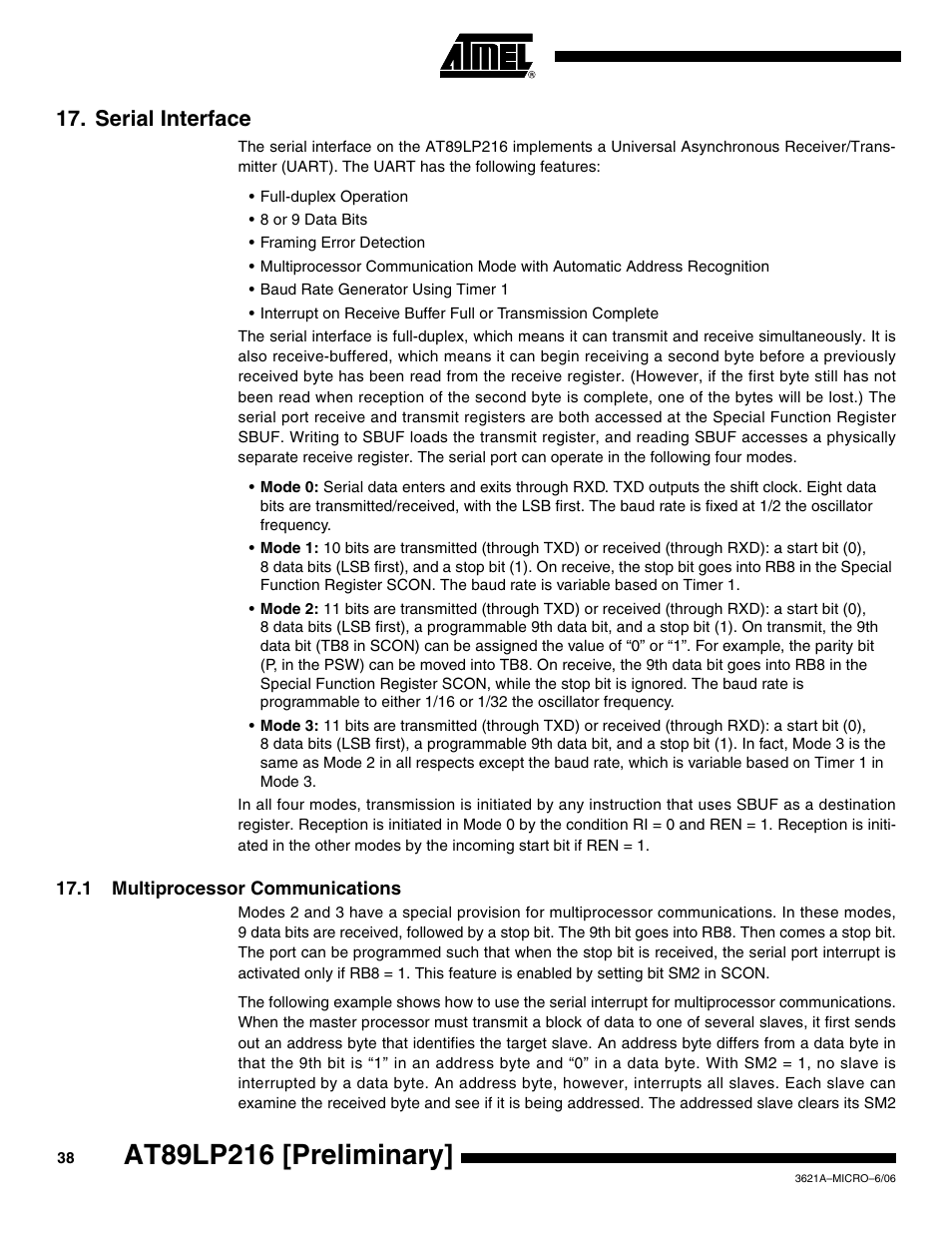 Serial interface, 1 multiprocessor communications | Rainbow Electronics AT89LP216 User Manual | Page 38 / 90