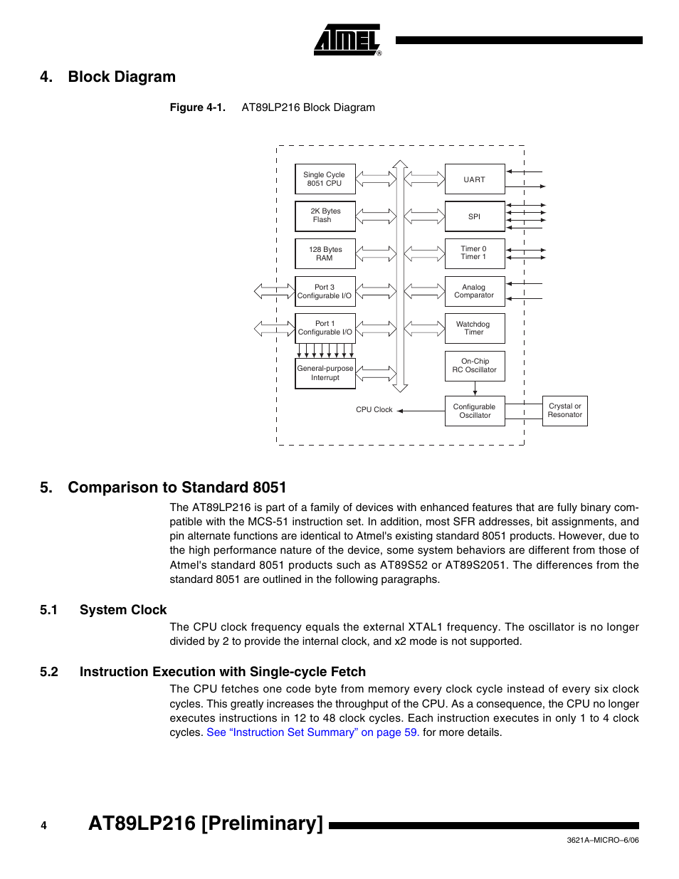 Block diagram, Comparison to standard 8051, 1 system clock | 2 instruction execution with single-cycle fetch | Rainbow Electronics AT89LP216 User Manual | Page 4 / 90