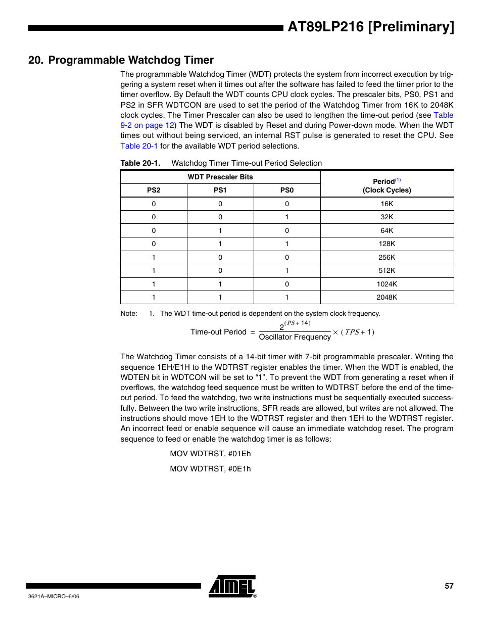 Programmable watchdog timer | Rainbow Electronics AT89LP216 User Manual | Page 57 / 90