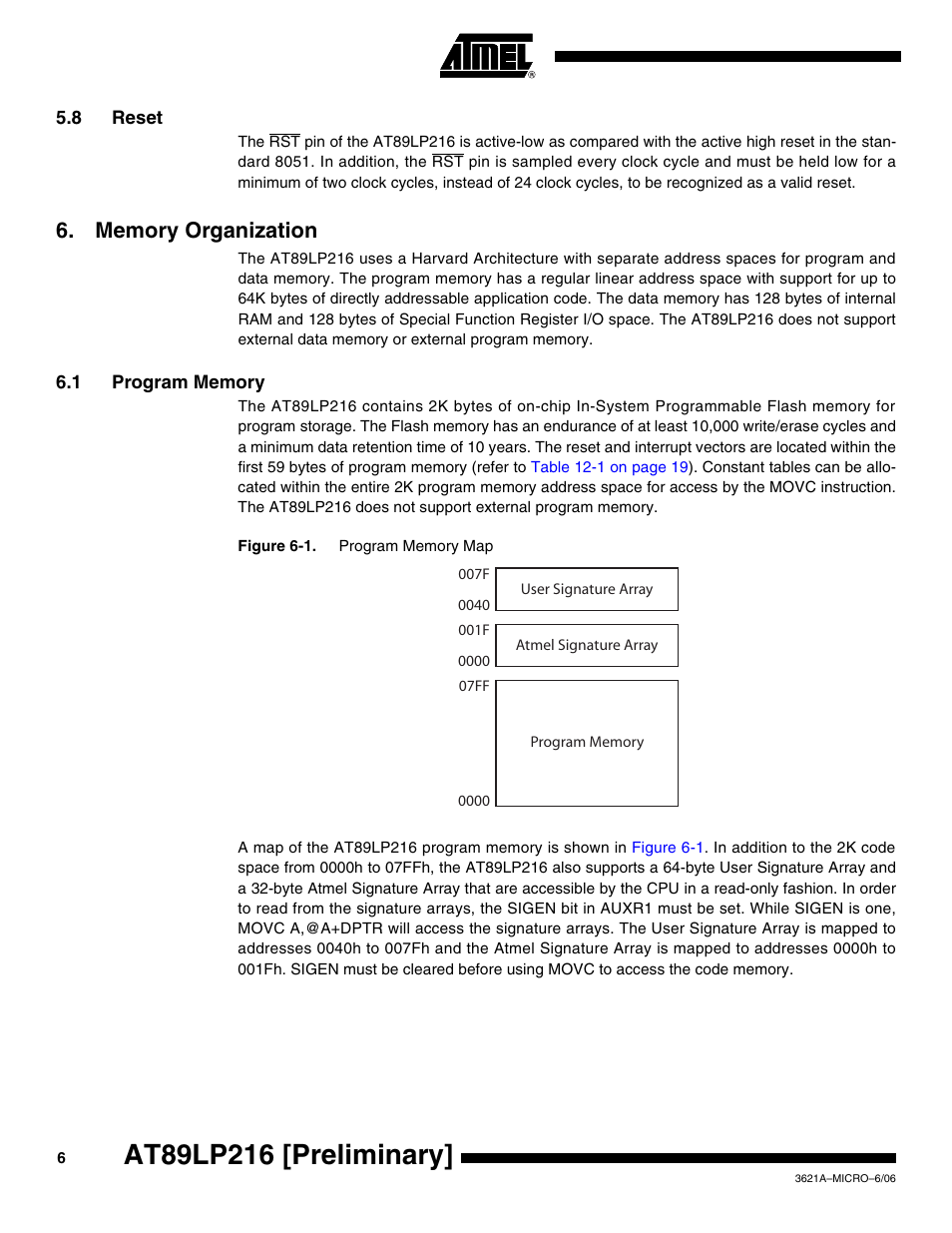 8 reset, Memory organization, 1 program memory | Rainbow Electronics AT89LP216 User Manual | Page 6 / 90