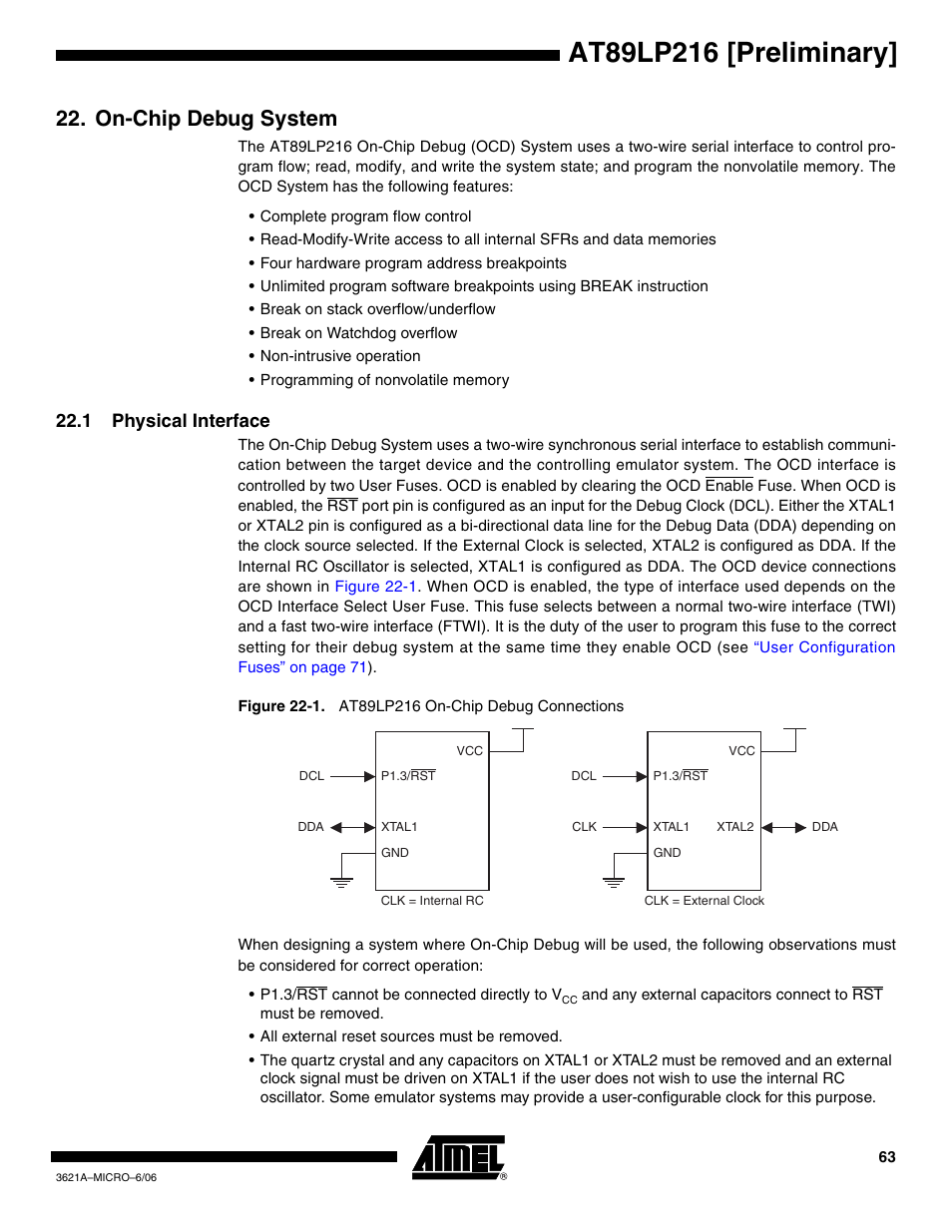 On-chip debug system, 1 physical interface | Rainbow Electronics AT89LP216 User Manual | Page 63 / 90