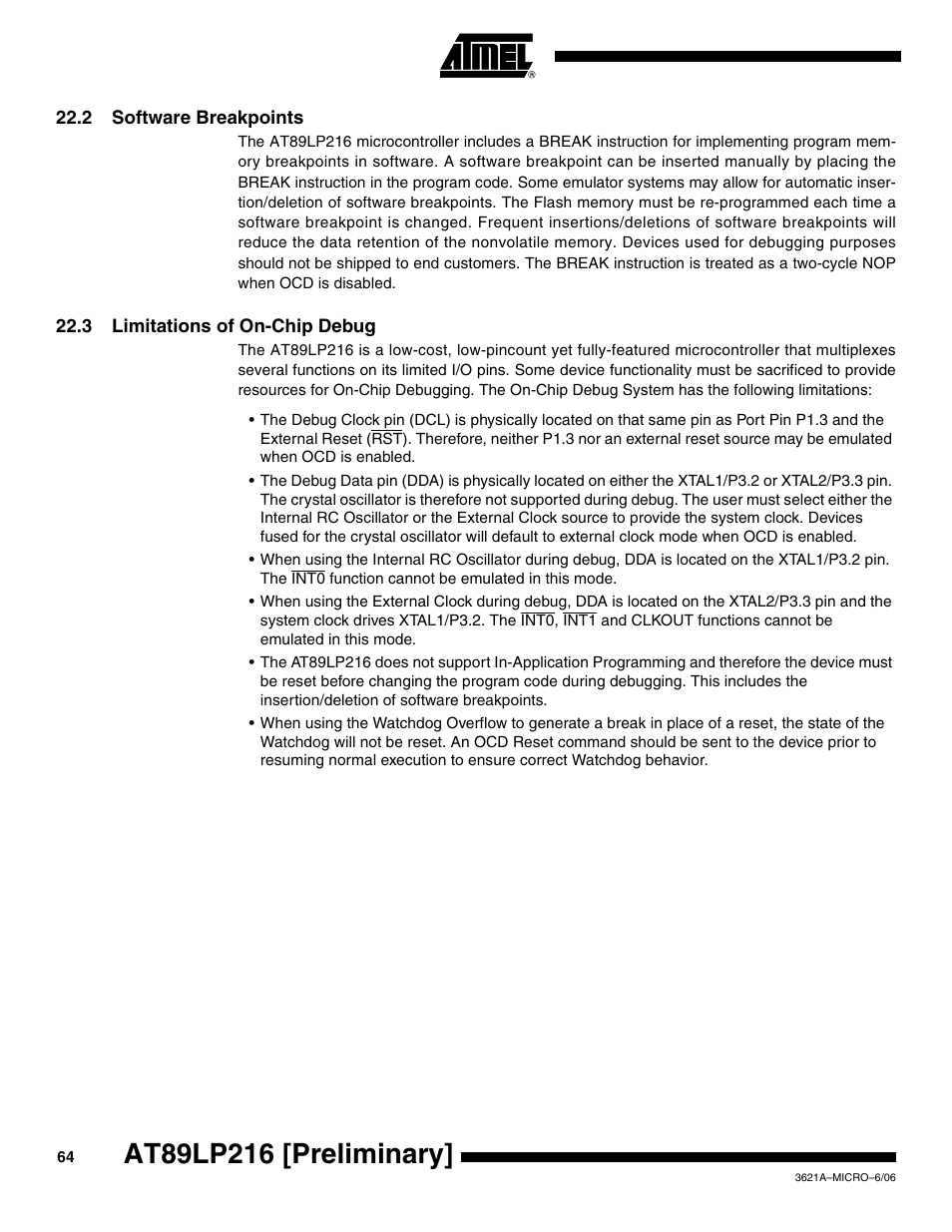 2 software breakpoints, 3 limitations of on-chip debug | Rainbow Electronics AT89LP216 User Manual | Page 64 / 90