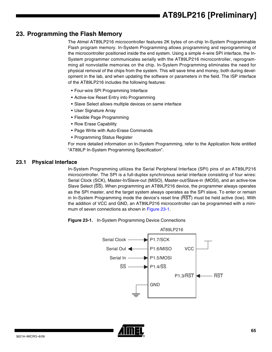 Programming the flash memory, 1 physical interface | Rainbow Electronics AT89LP216 User Manual | Page 65 / 90