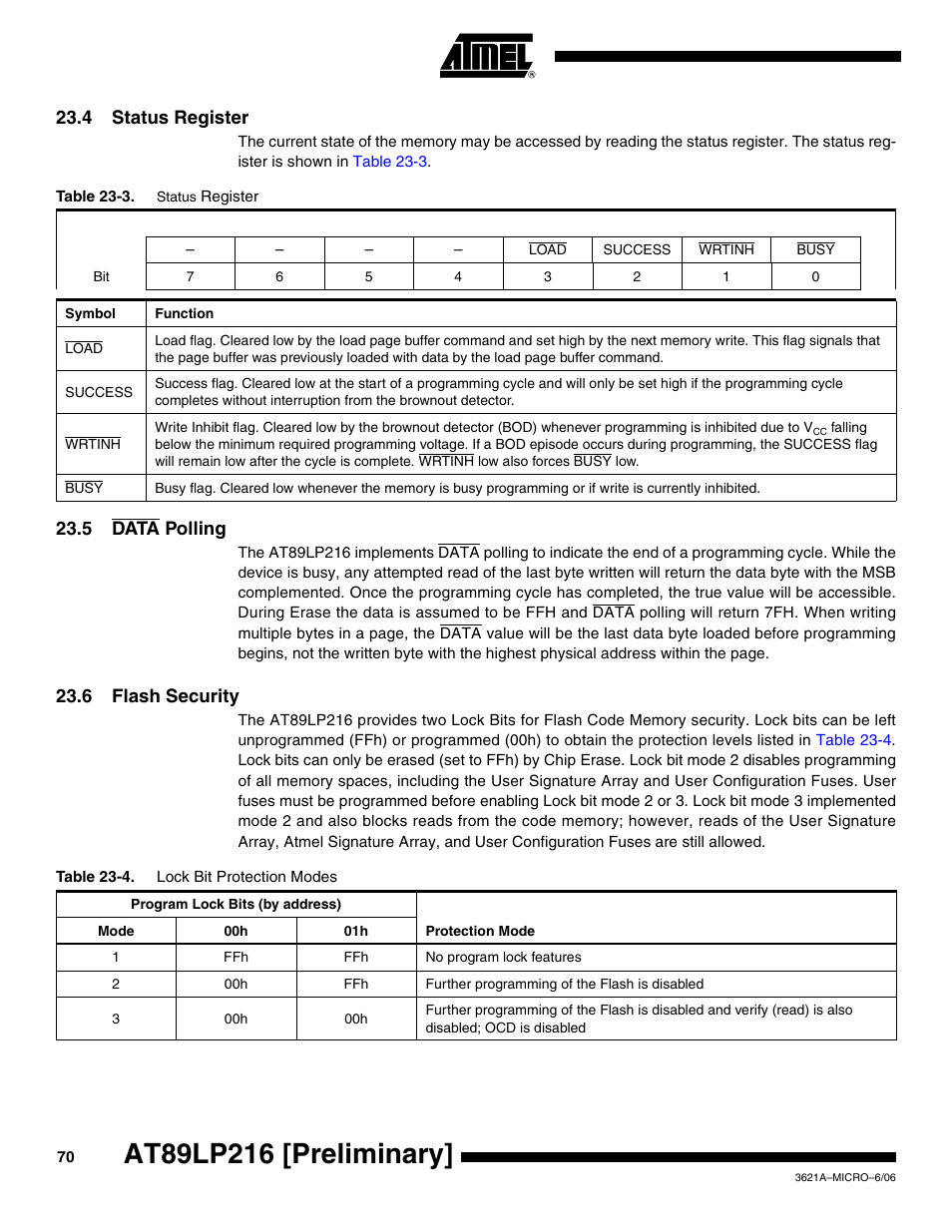 4 status register, 5 data polling, 6 flash security | Rainbow Electronics AT89LP216 User Manual | Page 70 / 90