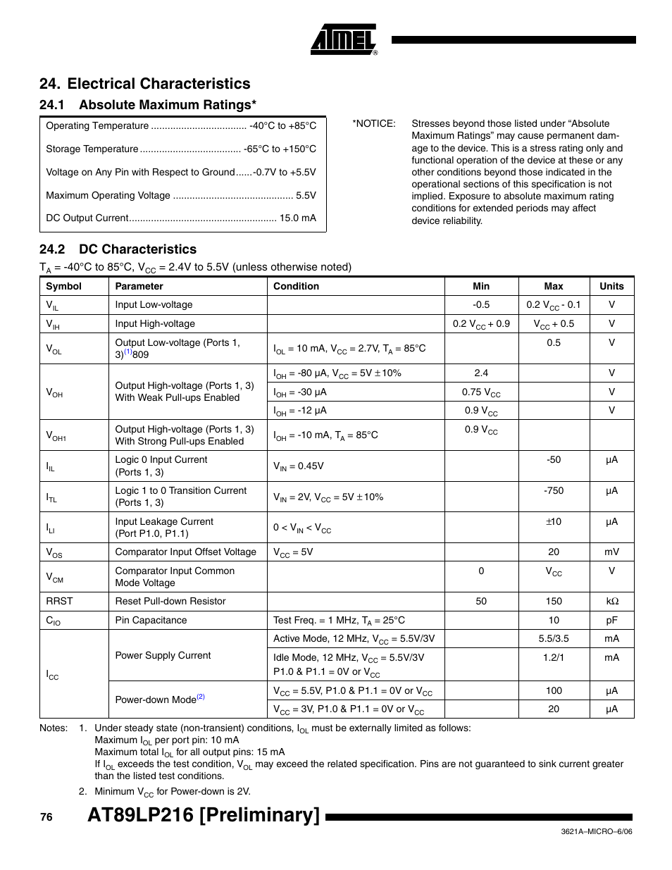 Electrical characteristics, 1 absolute maximum ratings, 2 dc characteristics | Rainbow Electronics AT89LP216 User Manual | Page 76 / 90