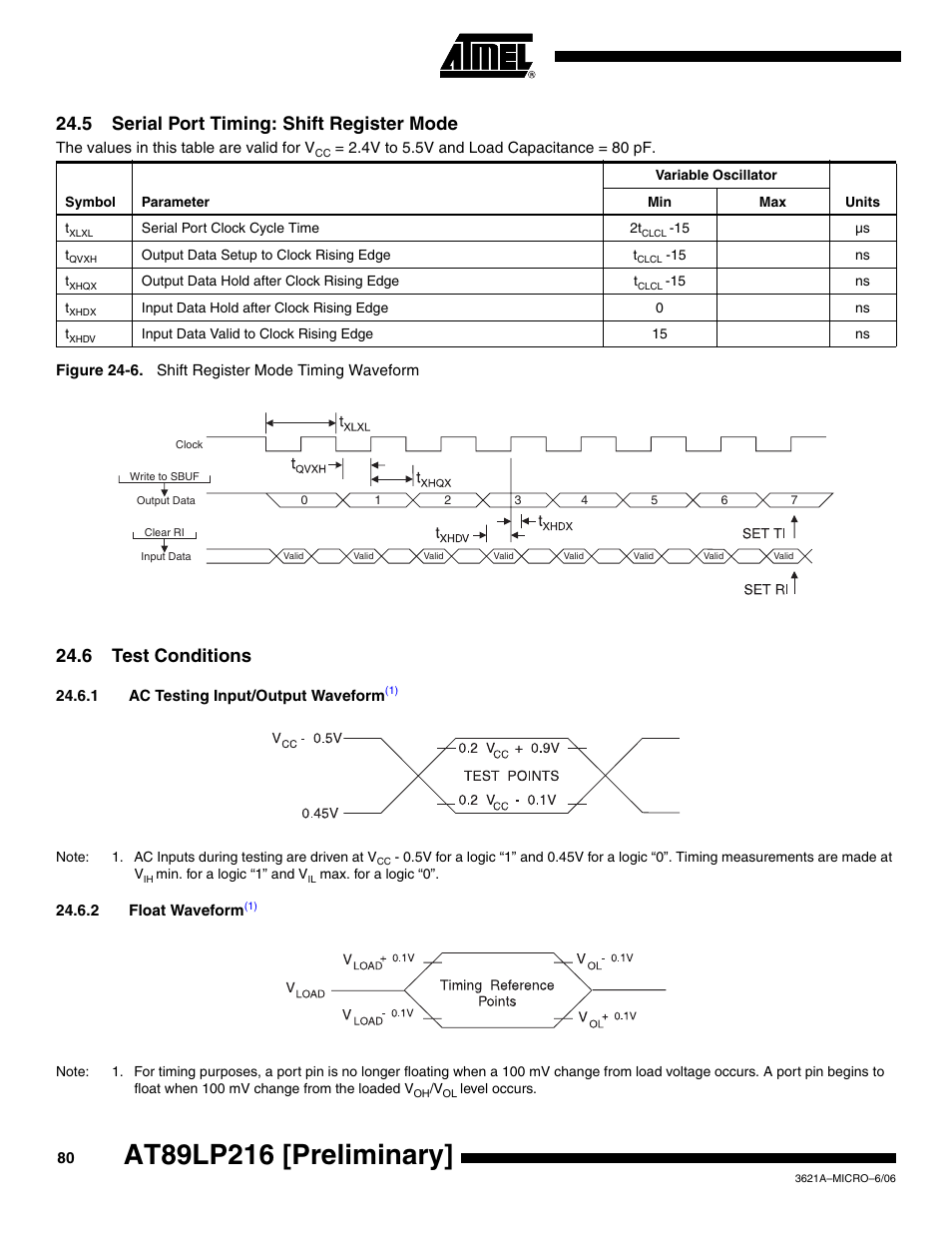 5 serial port timing: shift register mode, 6 test conditions | Rainbow Electronics AT89LP216 User Manual | Page 80 / 90