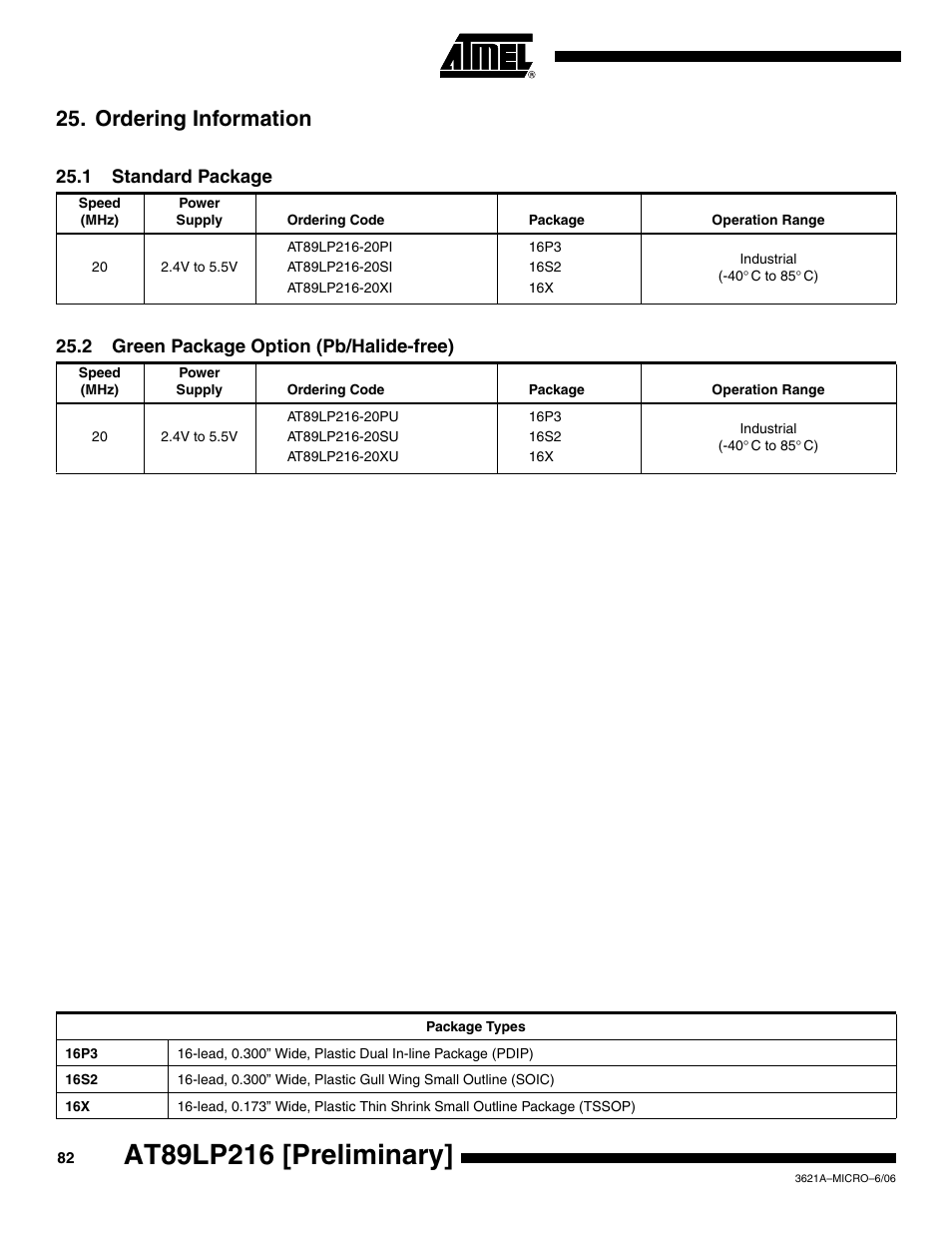 Ordering information, 1 standard package, 2 green package option (pb/halide-free) | Rainbow Electronics AT89LP216 User Manual | Page 82 / 90