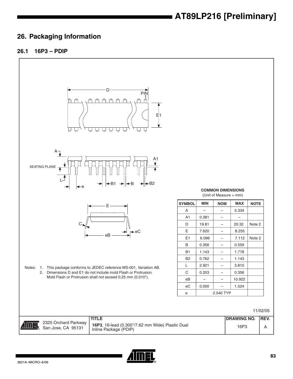 Packaging information, 1 16p3 - pdip, 1 16p3 – pdip | Rainbow Electronics AT89LP216 User Manual | Page 83 / 90