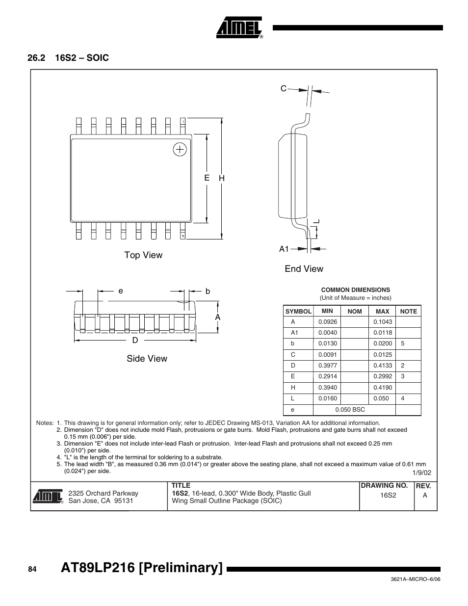 2 16s2 - soic, 2 16s2 – soic, Side view top view end view | Rainbow Electronics AT89LP216 User Manual | Page 84 / 90