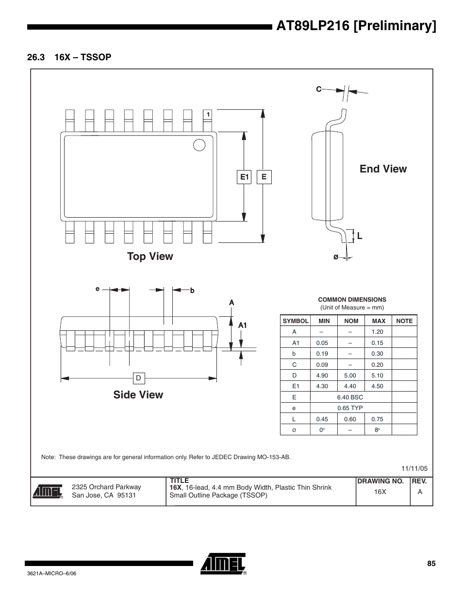 3 16x - tssop, Side view top view end view, 3 16x – tssop | Rainbow Electronics AT89LP216 User Manual | Page 85 / 90