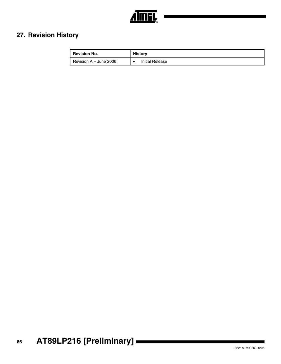 Revision history | Rainbow Electronics AT89LP216 User Manual | Page 86 / 90