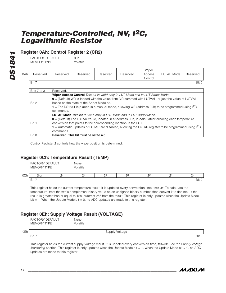 Ds1841 temperature-controlled, nv, i, C, logarithmic resistor, Register 0ah: control register 2 (cr2) | Register 0ch: temperature result (temp), Register 0eh: supply voltage result (voltage) | Rainbow Electronics DS1841 User Manual | Page 12 / 16
