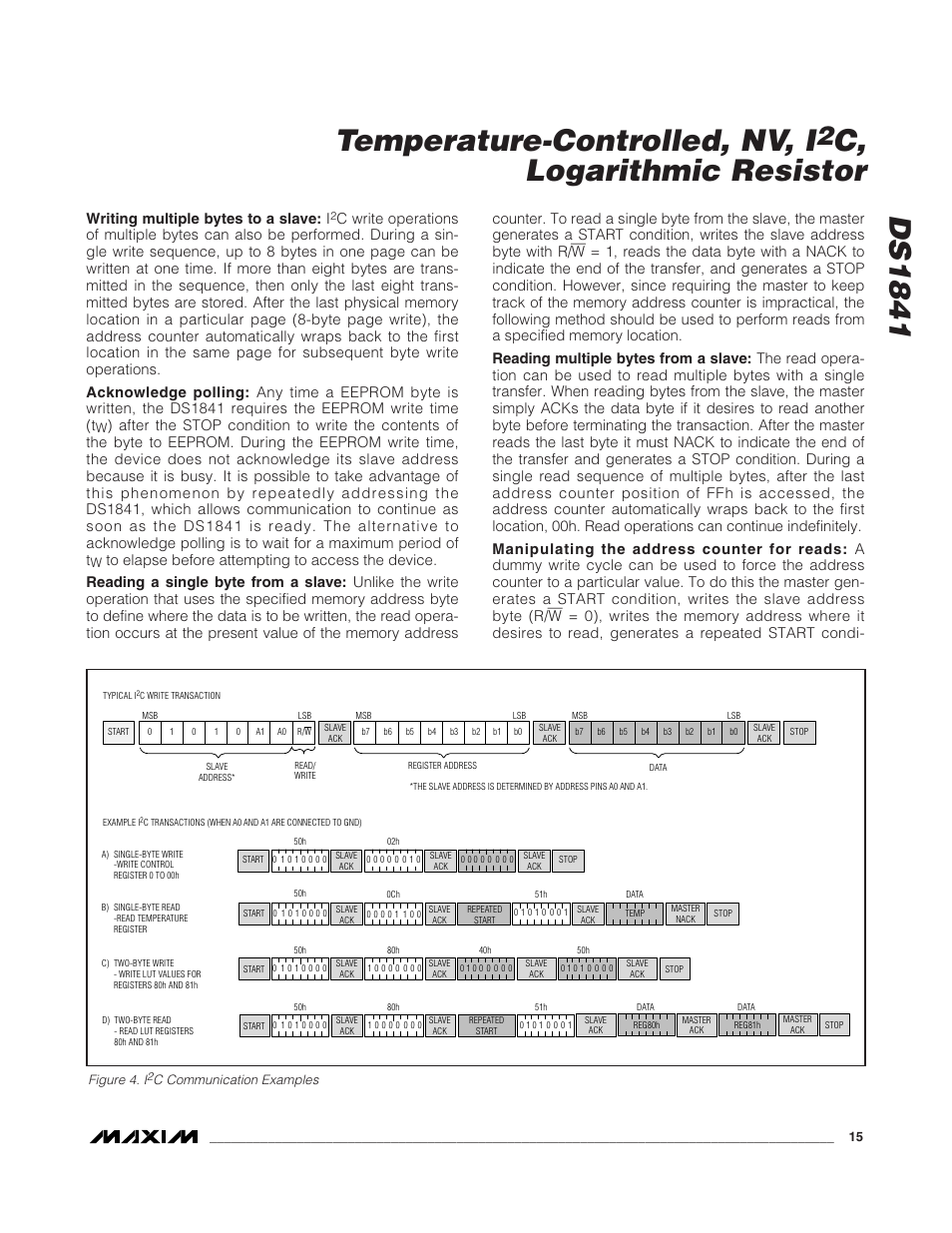 Ds1841 temperature-controlled, nv, i, C, logarithmic resistor, Writing multiple bytes to a slave: i | Rainbow Electronics DS1841 User Manual | Page 15 / 16