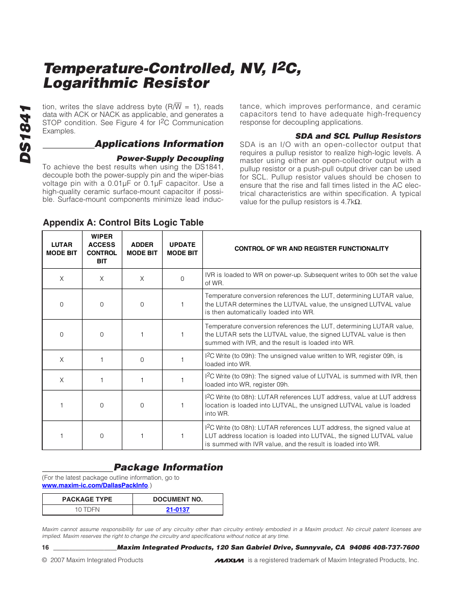 Ds1841 temperature-controlled, nv, i, C, logarithmic resistor, Applications information | Package information, Appendix a: control bits logic table | Rainbow Electronics DS1841 User Manual | Page 16 / 16