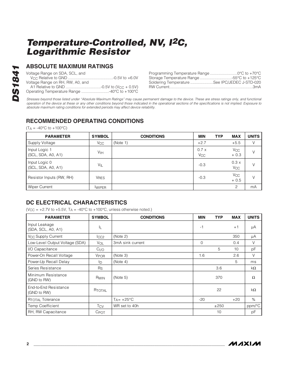 Ds1841 temperature-controlled, nv, i, C, logarithmic resistor, Recommended operating conditions | Dc electrical characteristics, Absolute maximum ratings | Rainbow Electronics DS1841 User Manual | Page 2 / 16