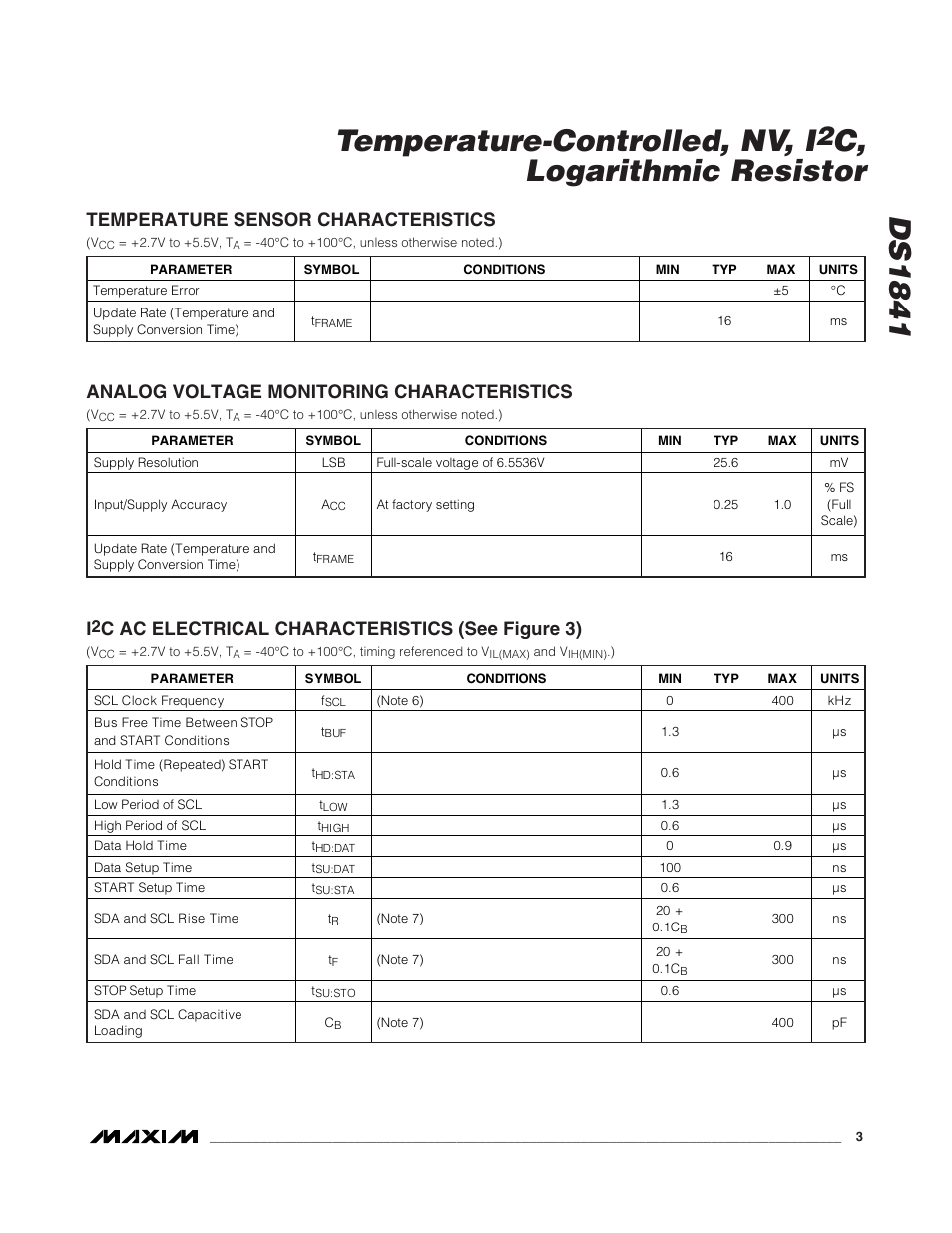 Ds1841 temperature-controlled, nv, i, C, logarithmic resistor, Temperature sensor characteristics | Analog voltage monitoring characteristics, C ac electrical characteristics (see figure 3) | Rainbow Electronics DS1841 User Manual | Page 3 / 16