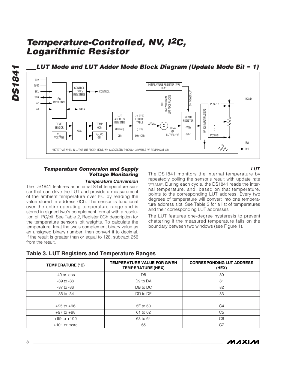 Ds1841 temperature-controlled, nv, i, C, logarithmic resistor, Table 3. lut registers and temperature ranges | Rainbow Electronics DS1841 User Manual | Page 8 / 16