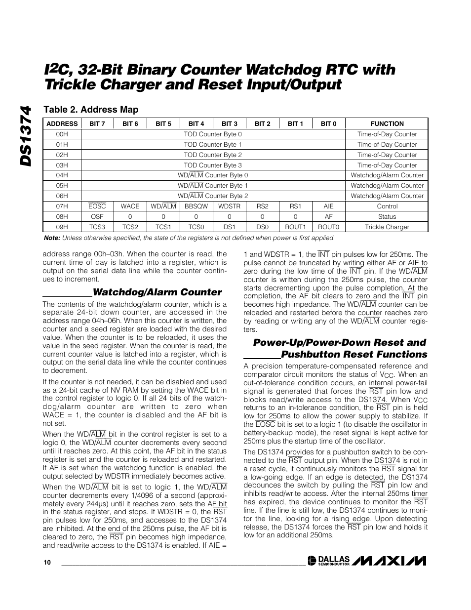 Ds1374, Watchdog/alarm counter, Table 2. address map | Rainbow Electronics DS1374 User Manual | Page 10 / 15