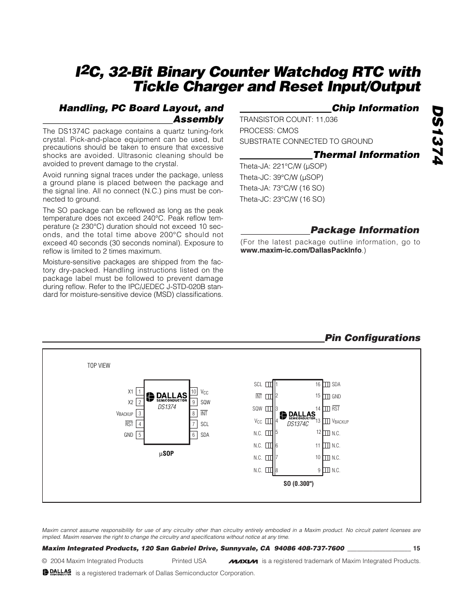 Ds1374 i, Handling, pc board layout, and assembly, Chip information | Thermal information, Package information, Pin configurations | Rainbow Electronics DS1374 User Manual | Page 15 / 15