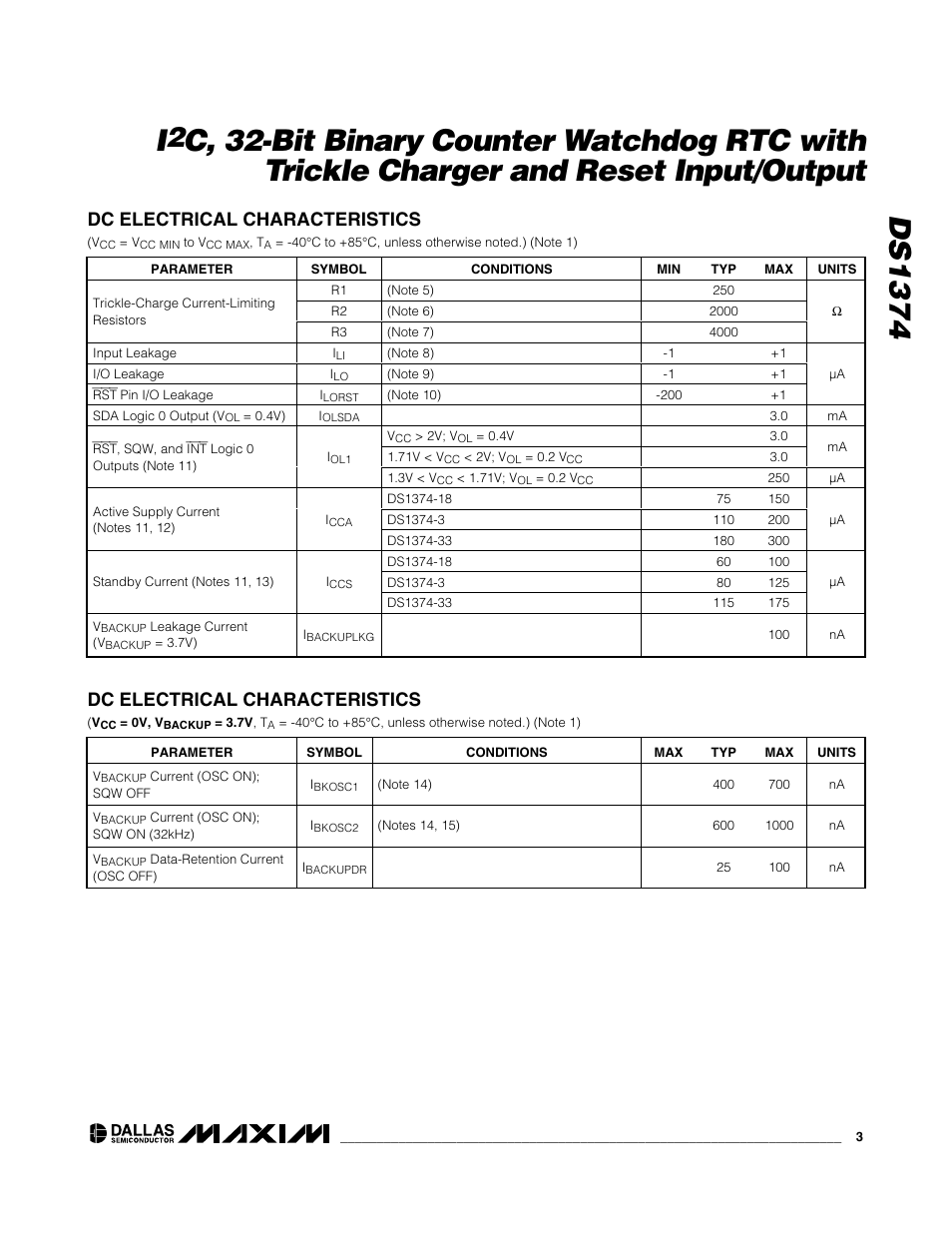 Ds1374 i, Dc electrical characteristics | Rainbow Electronics DS1374 User Manual | Page 3 / 15