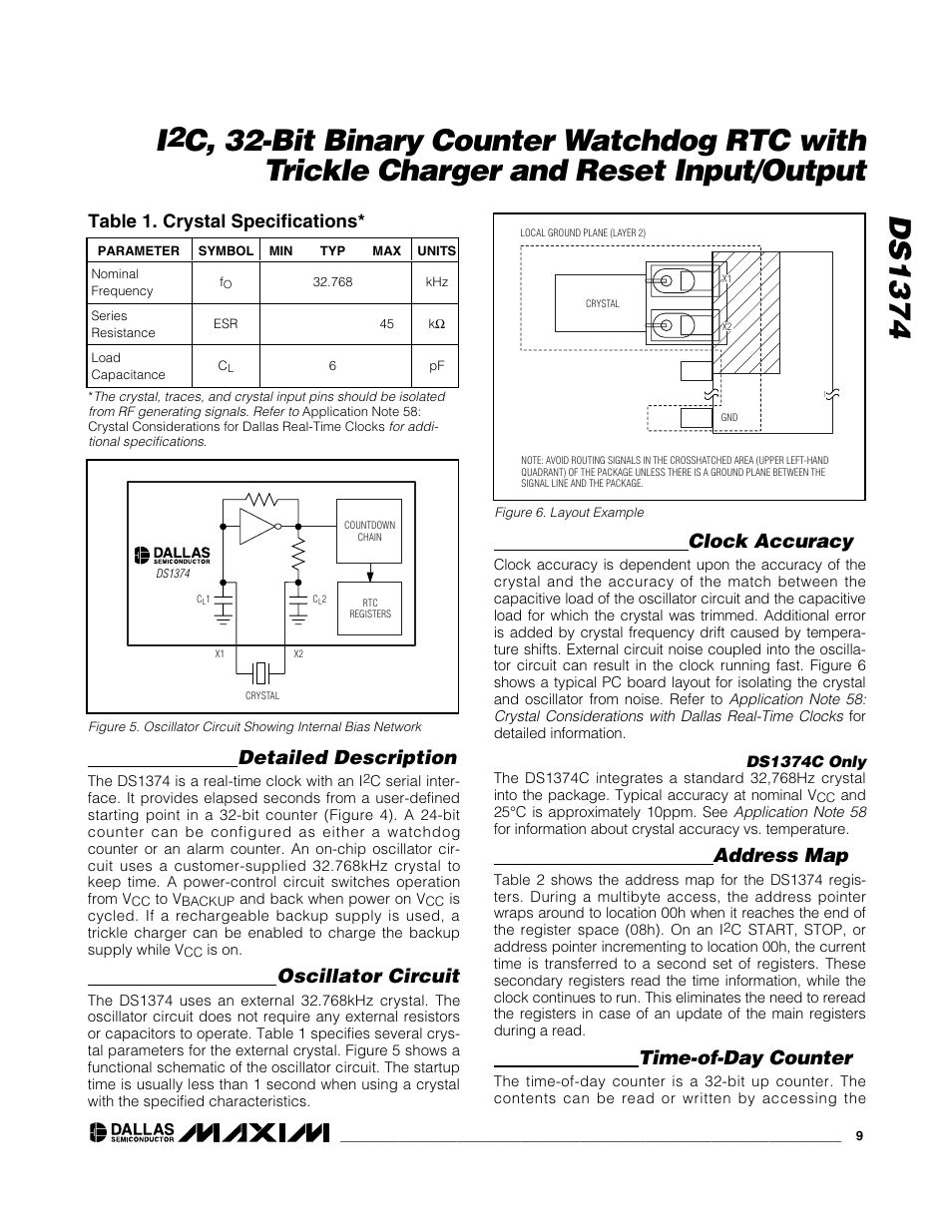 Ds1374 i, Detailed description, Oscillator circuit | Clock accuracy, Address map, Time-of-day counter, Table 1. crystal specifications | Rainbow Electronics DS1374 User Manual | Page 9 / 15