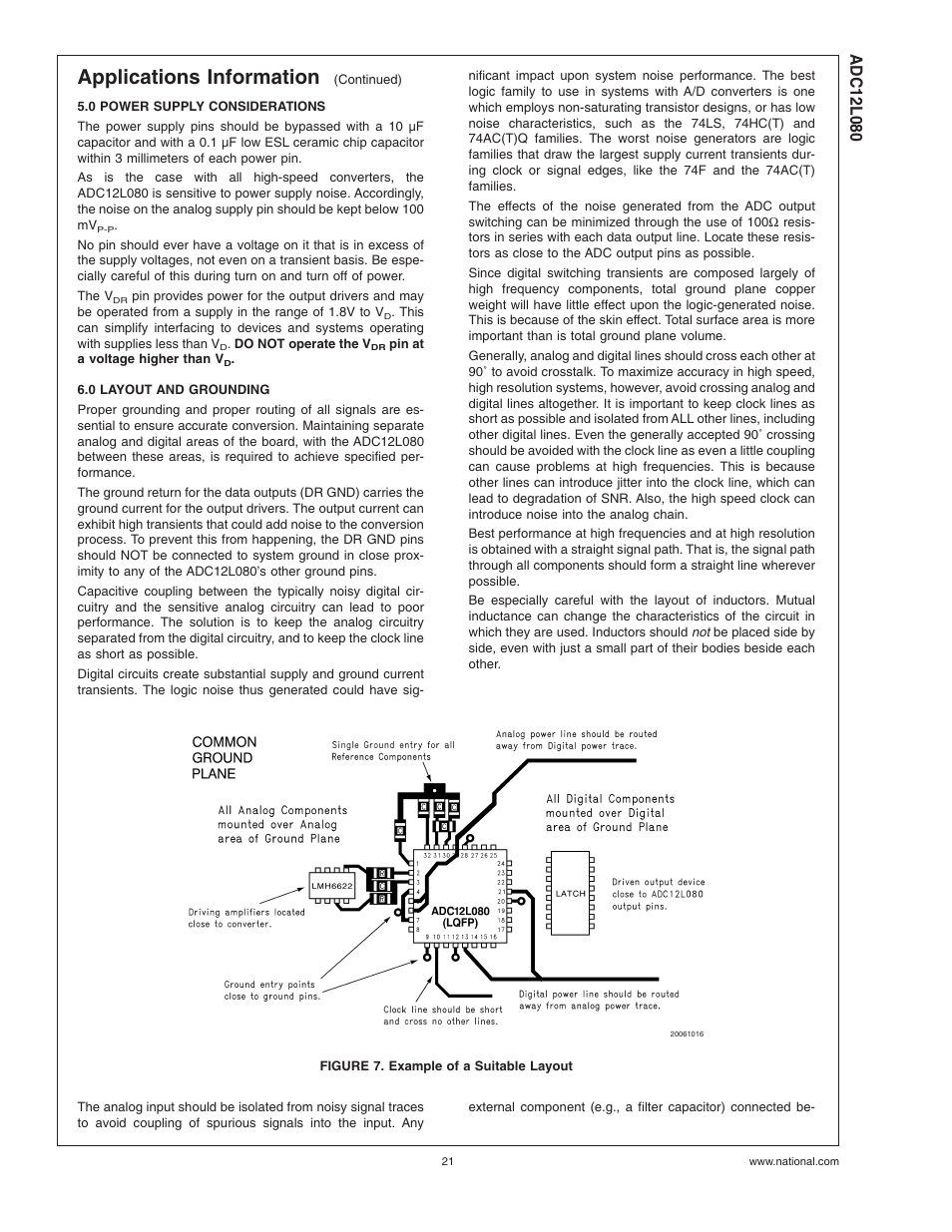 0 power supply considerations, 0 layout and grounding, Figure 7. example of a suitable layout | Applications information | Rainbow Electronics ADC12L080 User Manual | Page 21 / 23