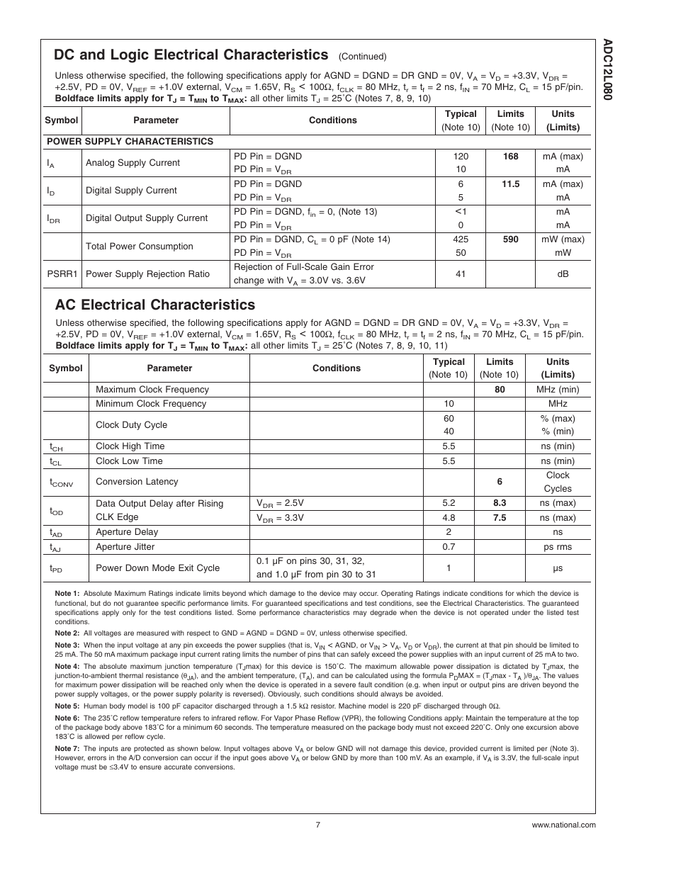 Ac electrical characteristics, Note 3), Note 4) | Note 5), Note 6), Dc and logic electrical characteristics | Rainbow Electronics ADC12L080 User Manual | Page 7 / 23