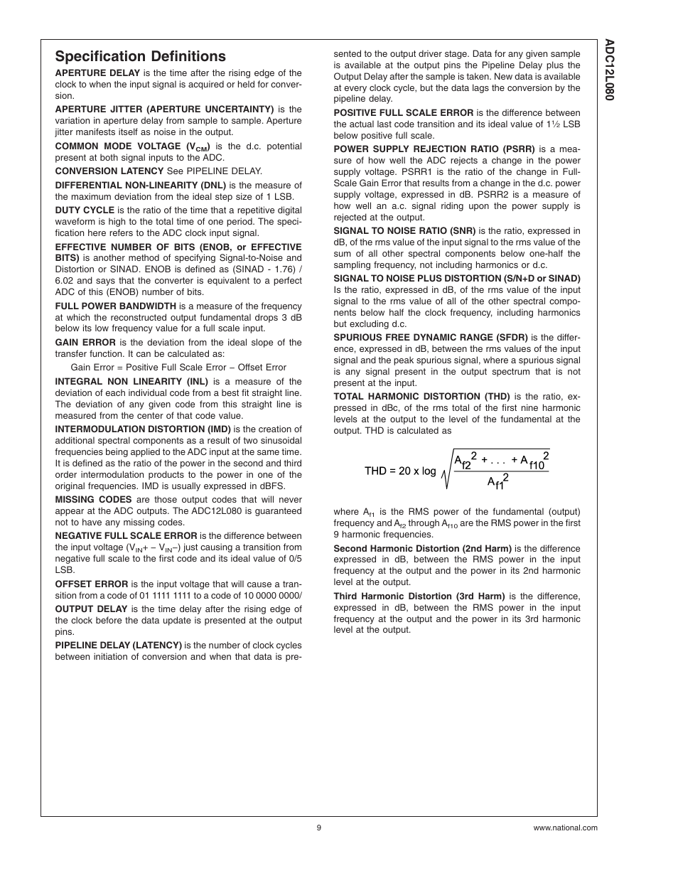 Specification definitions | Rainbow Electronics ADC12L080 User Manual | Page 9 / 23