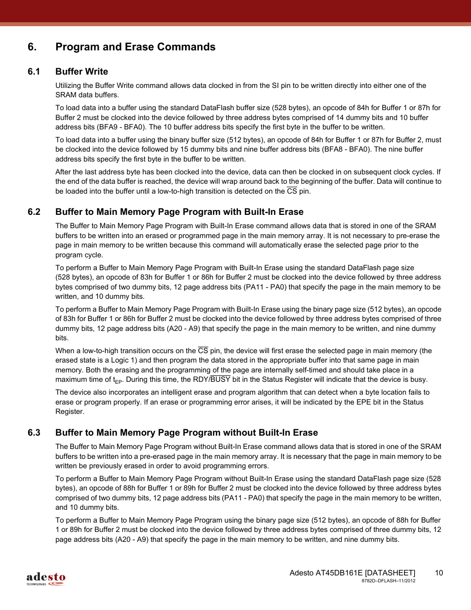 Program and erase commands, 1 buffer write | Rainbow Electronics AT45DB161E User Manual | Page 10 / 72