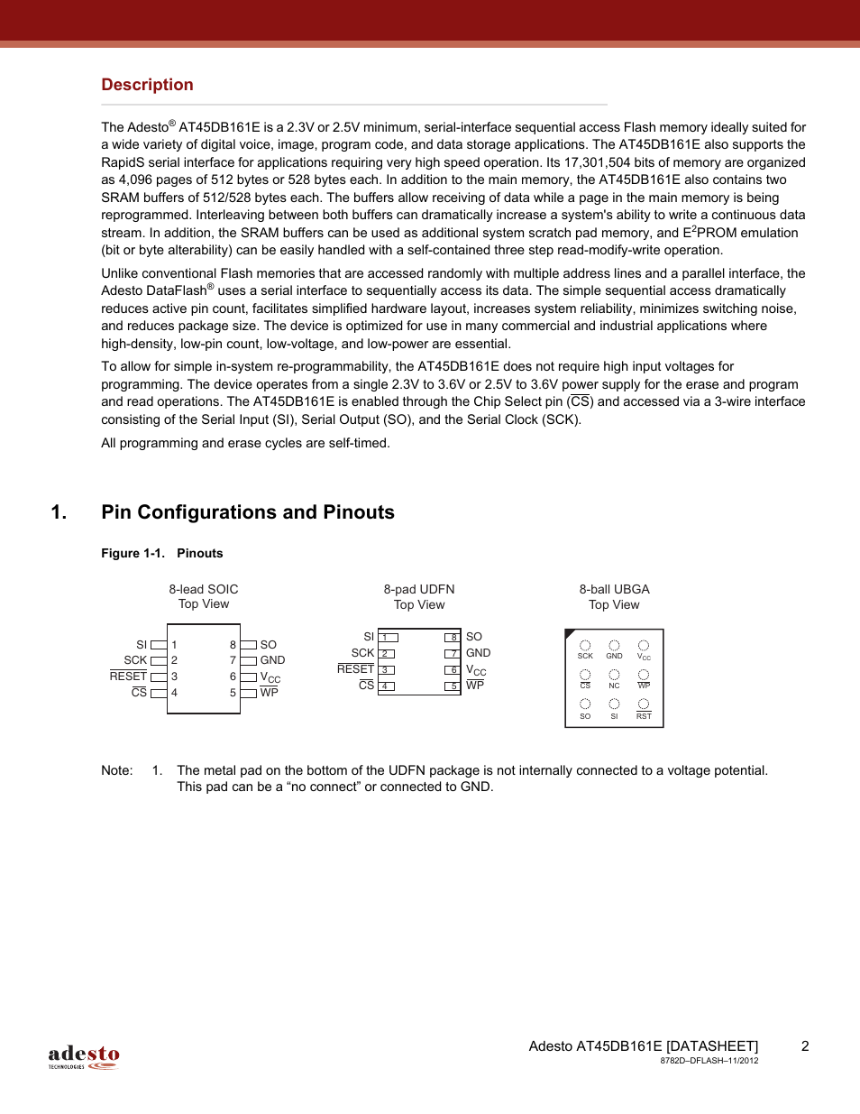 Description, Pin configurations and pinouts | Rainbow Electronics AT45DB161E User Manual | Page 2 / 72