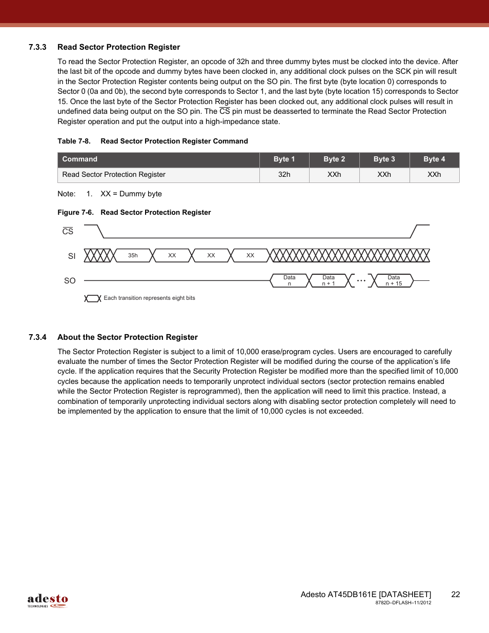 3 read sector protection register, 4 about the sector protection register | Rainbow Electronics AT45DB161E User Manual | Page 22 / 72