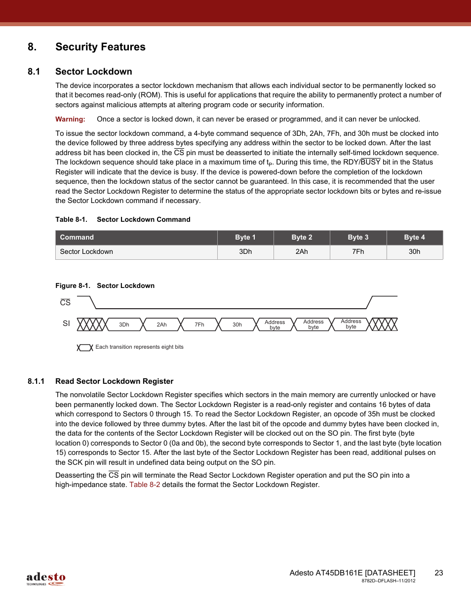 Security features, 1 sector lockdown, 1 read sector lockdown register | Rainbow Electronics AT45DB161E User Manual | Page 23 / 72