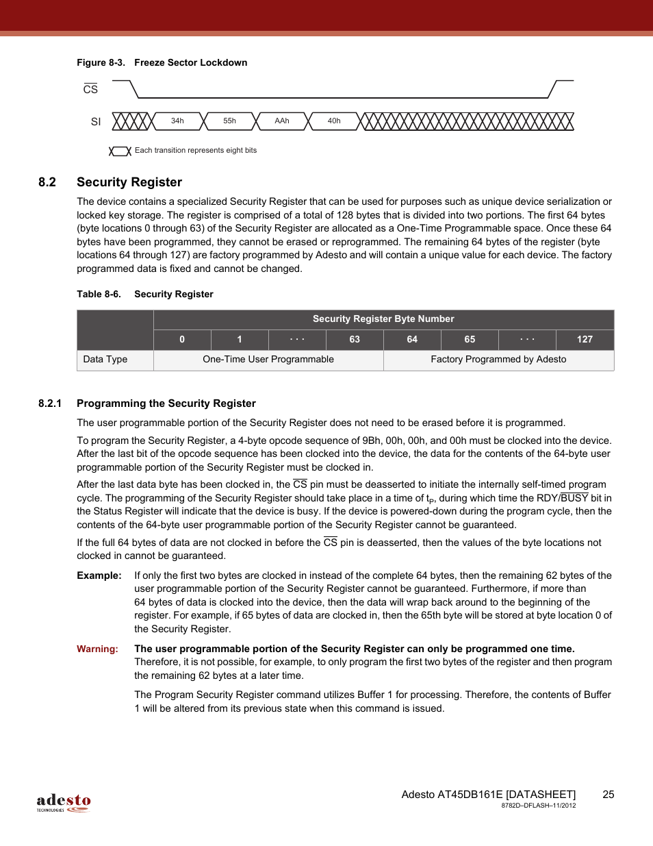 2 security register, 1 programming the security register | Rainbow Electronics AT45DB161E User Manual | Page 25 / 72