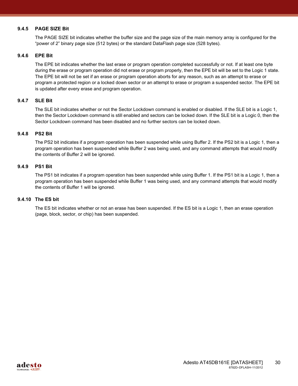 6 epe bit, 7 sle bit, 8 ps2 bit | 9 ps1 bit, 10 the es bit | Rainbow Electronics AT45DB161E User Manual | Page 30 / 72