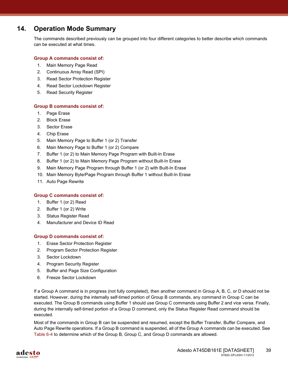 Operation mode summary, Group a commands consist of, Group b commands consist of | Group c commands consist of, Group d commands consist of | Rainbow Electronics AT45DB161E User Manual | Page 39 / 72
