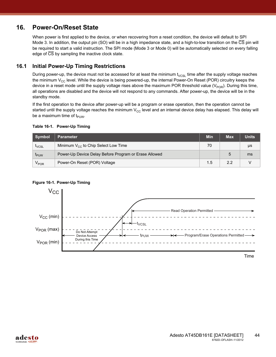 Power-on/reset state, 1 initial power-up timing restrictions | Rainbow Electronics AT45DB161E User Manual | Page 44 / 72