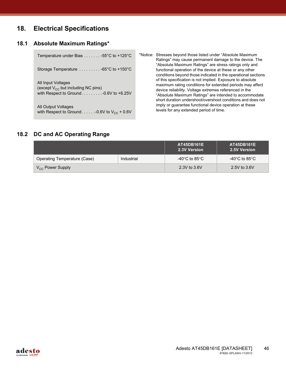 Electrical specifications, 1 absolute maximum ratings, 2 dc and ac operating range | Rainbow Electronics AT45DB161E User Manual | Page 46 / 72