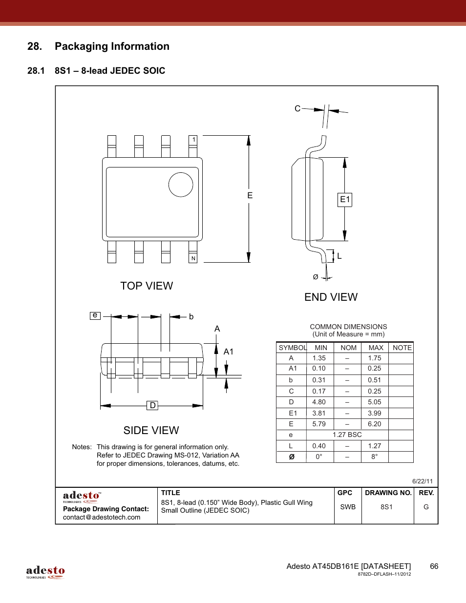 Packaging information, 1 8s1 – 8-lead jedec soic, Top view | End view, Side view | Rainbow Electronics AT45DB161E User Manual | Page 66 / 72