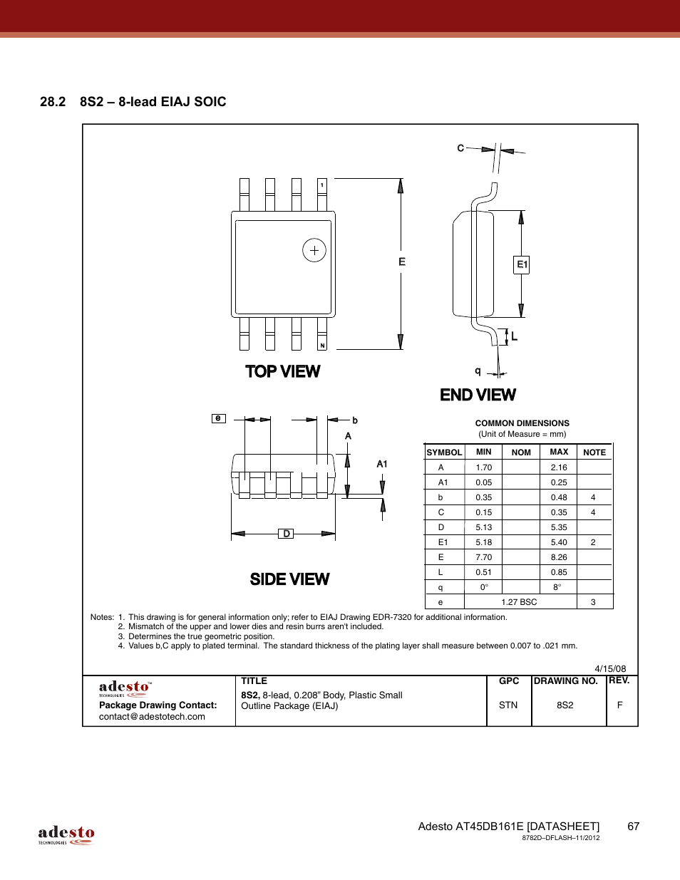 2 8s2 – 8-lead eiaj soic, Top view, End view | Side view | Rainbow Electronics AT45DB161E User Manual | Page 67 / 72