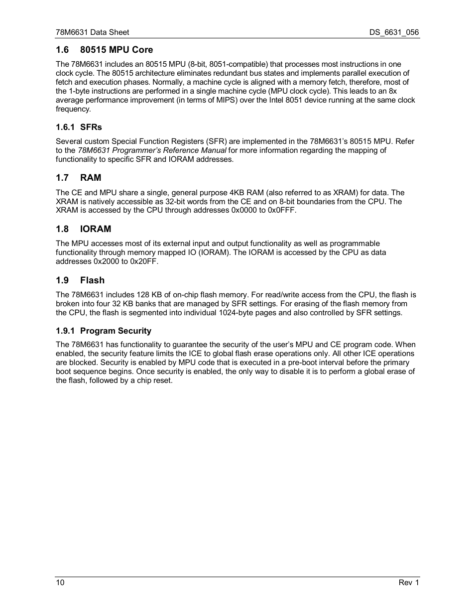 6 80515 mpu core, 1 sfrs, 7 ram | 8 ioram, 9 flash, 1 program security, 80515 mpu core, Sfrs, Ioram, Flash | Rainbow Electronics 78M6631 User Manual | Page 10 / 30