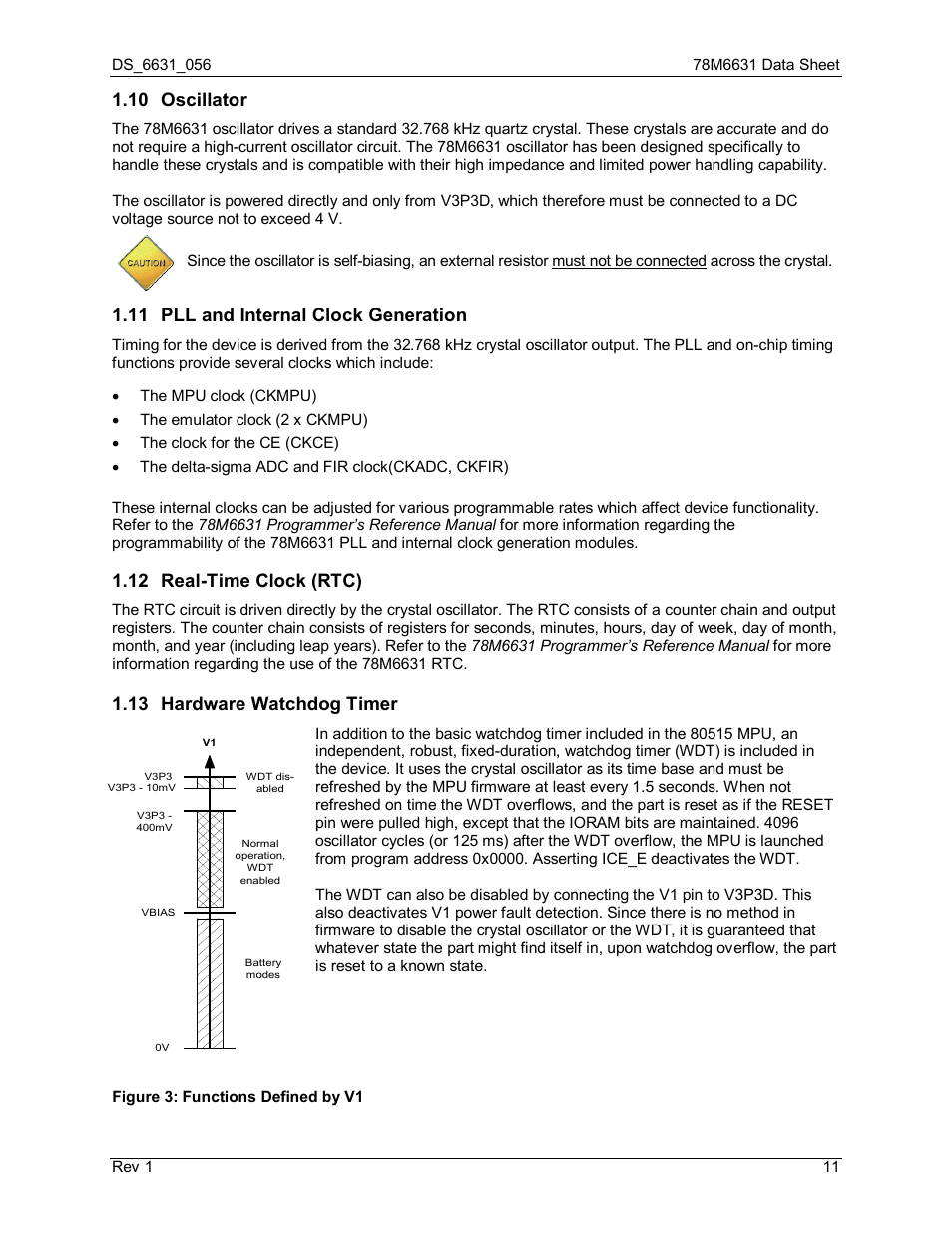 10 oscillator, 11 pll and internal clock generation, 12 real-time clock (rtc) | 13 hardware watchdog timer, Oscillator, Pll and internal clock generation, Real-time clock (rtc), Hardware watchdog timer, Figure 3: functions defined by v1 | Rainbow Electronics 78M6631 User Manual | Page 11 / 30