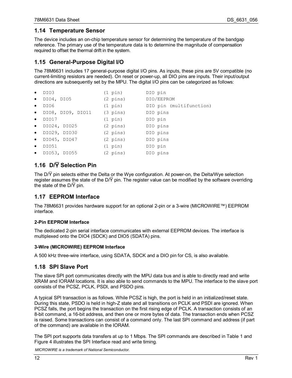 14 temperature sensor, 15 general-purpose digital i/o, 16 d/y selection pin | 17 eeprom interface, 18 spi slave port, Temperature sensor, General purpose digital i/o, D/y selection pin, Eeprom interface, Spi slave port | Rainbow Electronics 78M6631 User Manual | Page 12 / 30