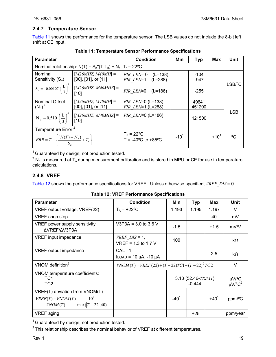 7 temperature sensor, 8 vref, Temperature sensor | Vref, Table 12: vref performance specifications | Rainbow Electronics 78M6631 User Manual | Page 19 / 30