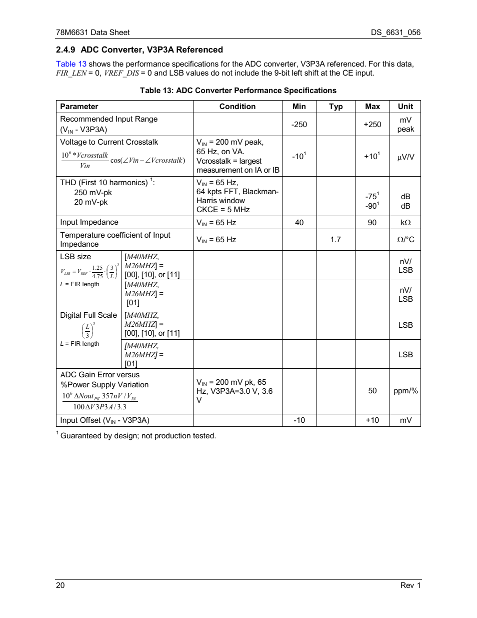 9 adc converter, v3p3a referenced, Adc converter, v3p3a referenced, Table 13: adc converter performance specifications | Rainbow Electronics 78M6631 User Manual | Page 20 / 30